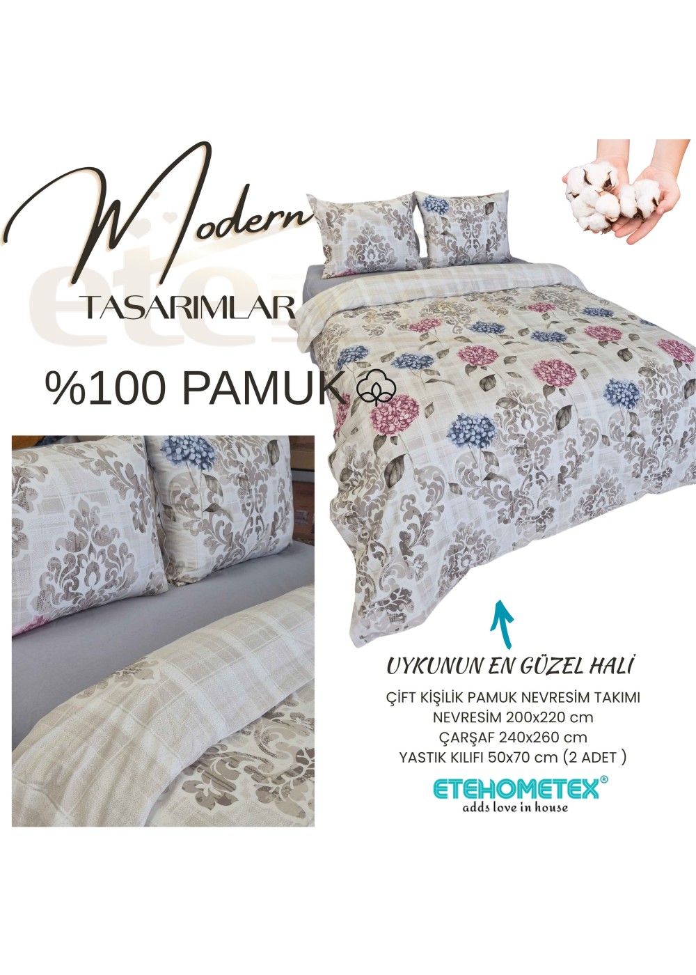 ETEHOMETEX %100 Pamuk Nevresim Takımı ÇİFT KİŞİLİK ORTANCA RENKLİ 8696474232111